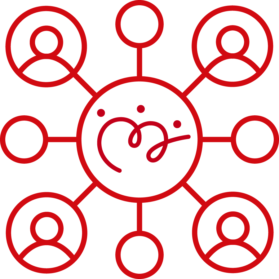 Köhler Transfer-Logo in einem Kreis. Dieser ist mit vielen weiteren Kreisen verbunden, in denen Personen abgebildet sind.