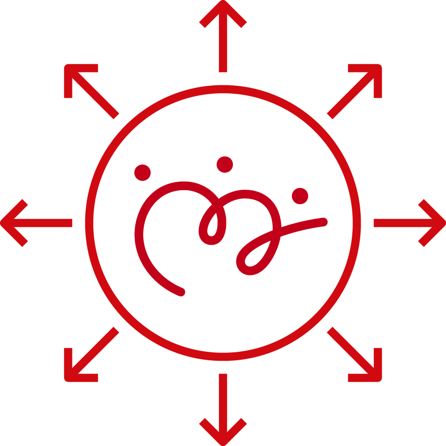 Dieses rote Symbol zeigt das Köhler Transfer-Logo in einem Kreis, von dem ausgehend Pfeile in verschiedene Richtungen laufen.