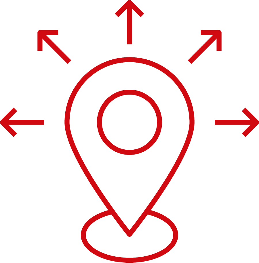 Dieses rote Symbol zeigt eine Standortmarker, von dem ausgehend Pfeile in verschiedene Richtungen laufen.