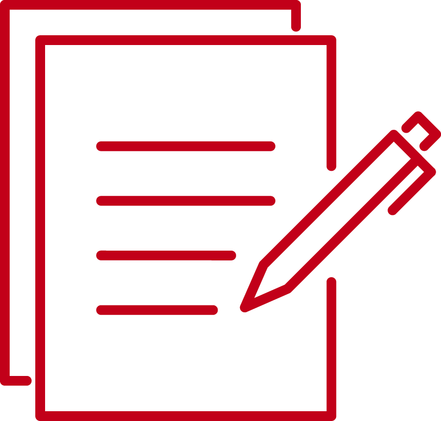 Dieses rote Symbol zeigt zwei Dokumente mit geschriebenen Zeilen und einem Stift.