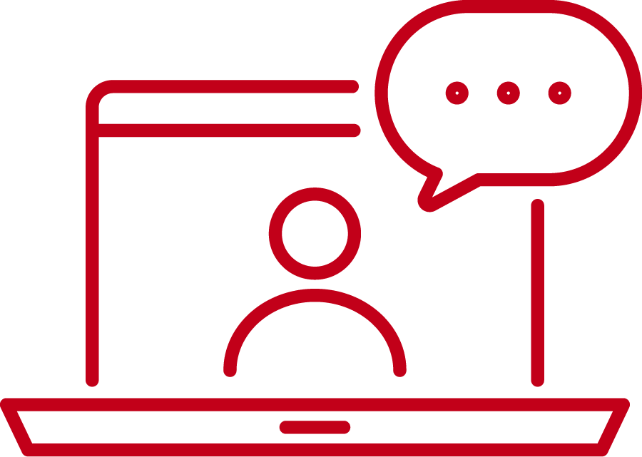 Dieses rote Symbol zeigt einen Laptop mit einer Person auf dem Bildschirm und einer Sprechblase.